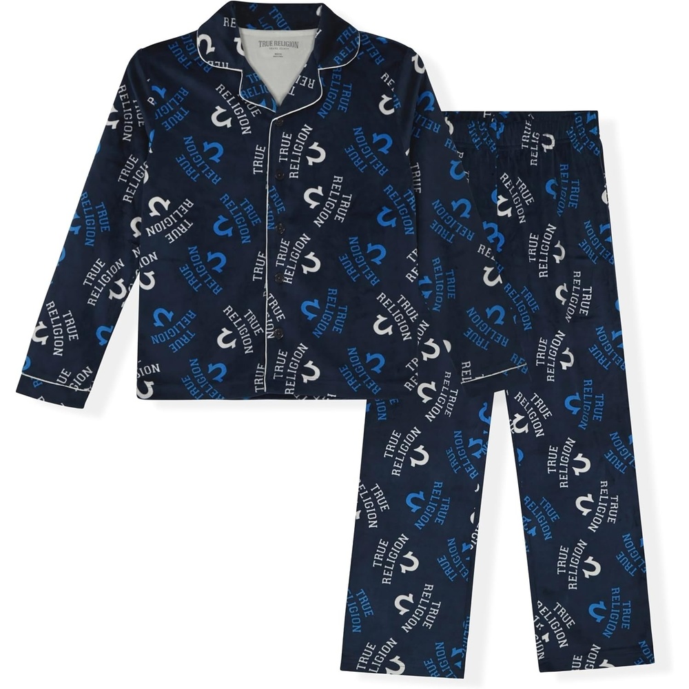 image:imageTrue Religion Boys 2 Piece Pajamas Set with Button Front Top amp Pajama Pants for Kids Sizes 414Blue Velour