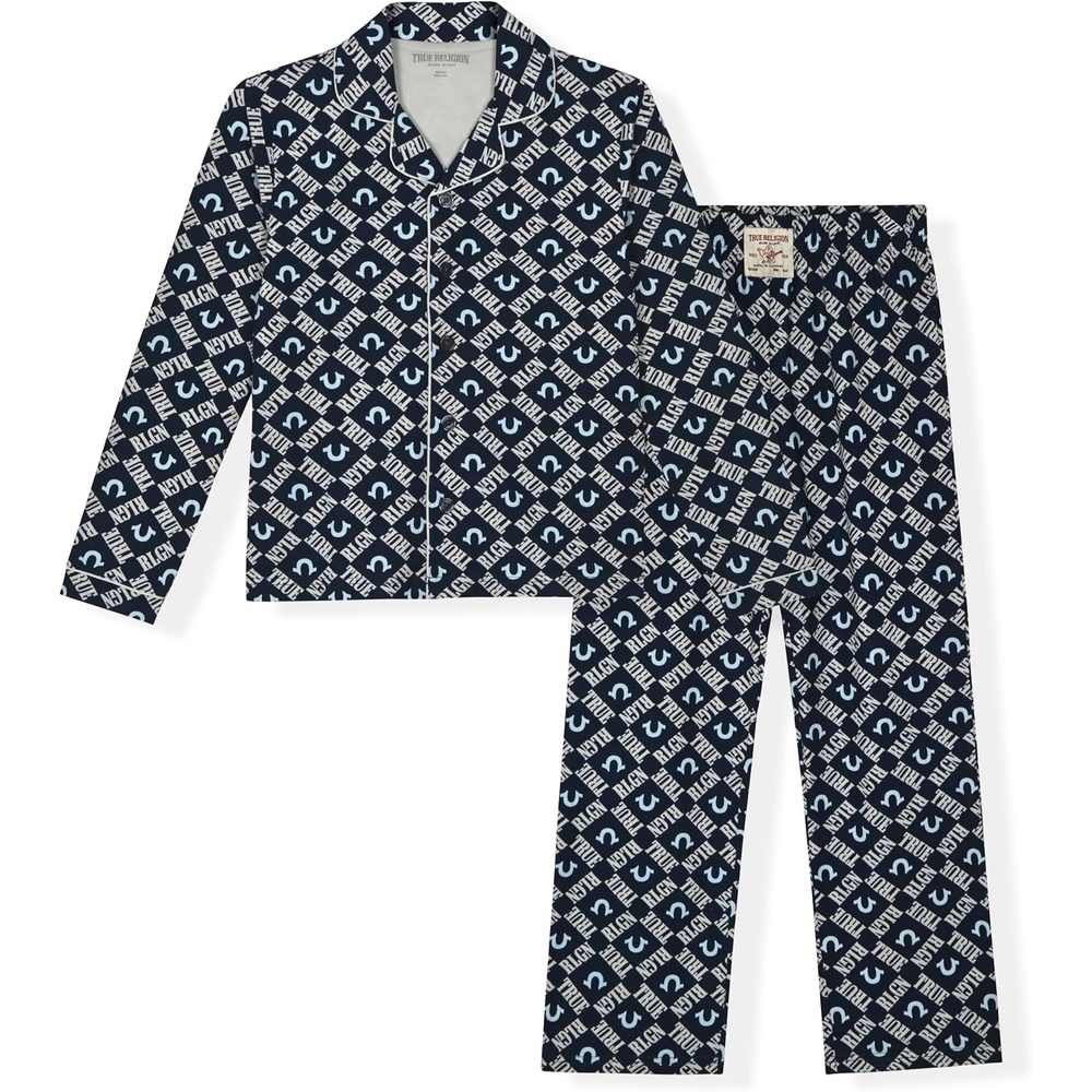 image:imageTrue Religion Boys 2 Piece Pajamas Set with Button Front Top amp Pajama Pants for Kids Sizes 414Navy Blue