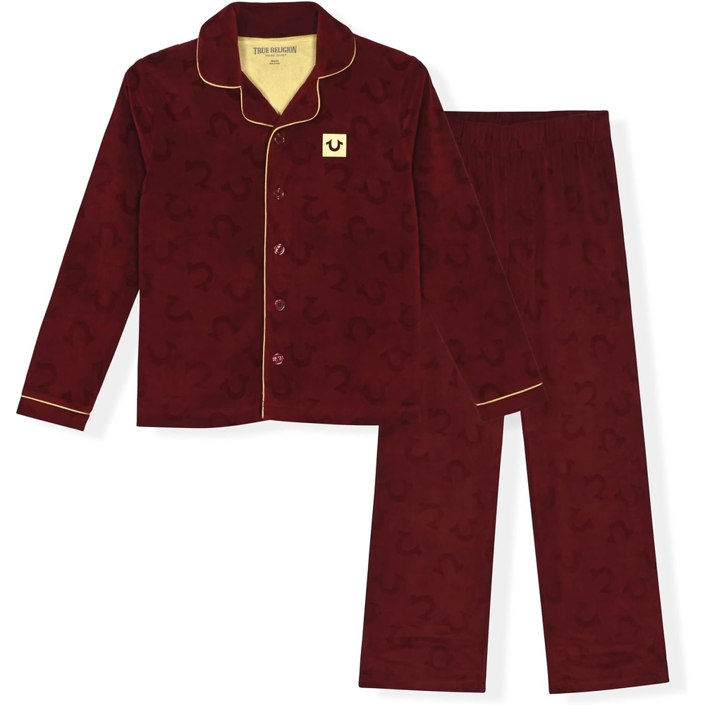 image:imageTrue Religion Boys 2 Piece Pajamas Set with Button Front Top amp Pajama Pants for Kids Sizes 414Red Velour