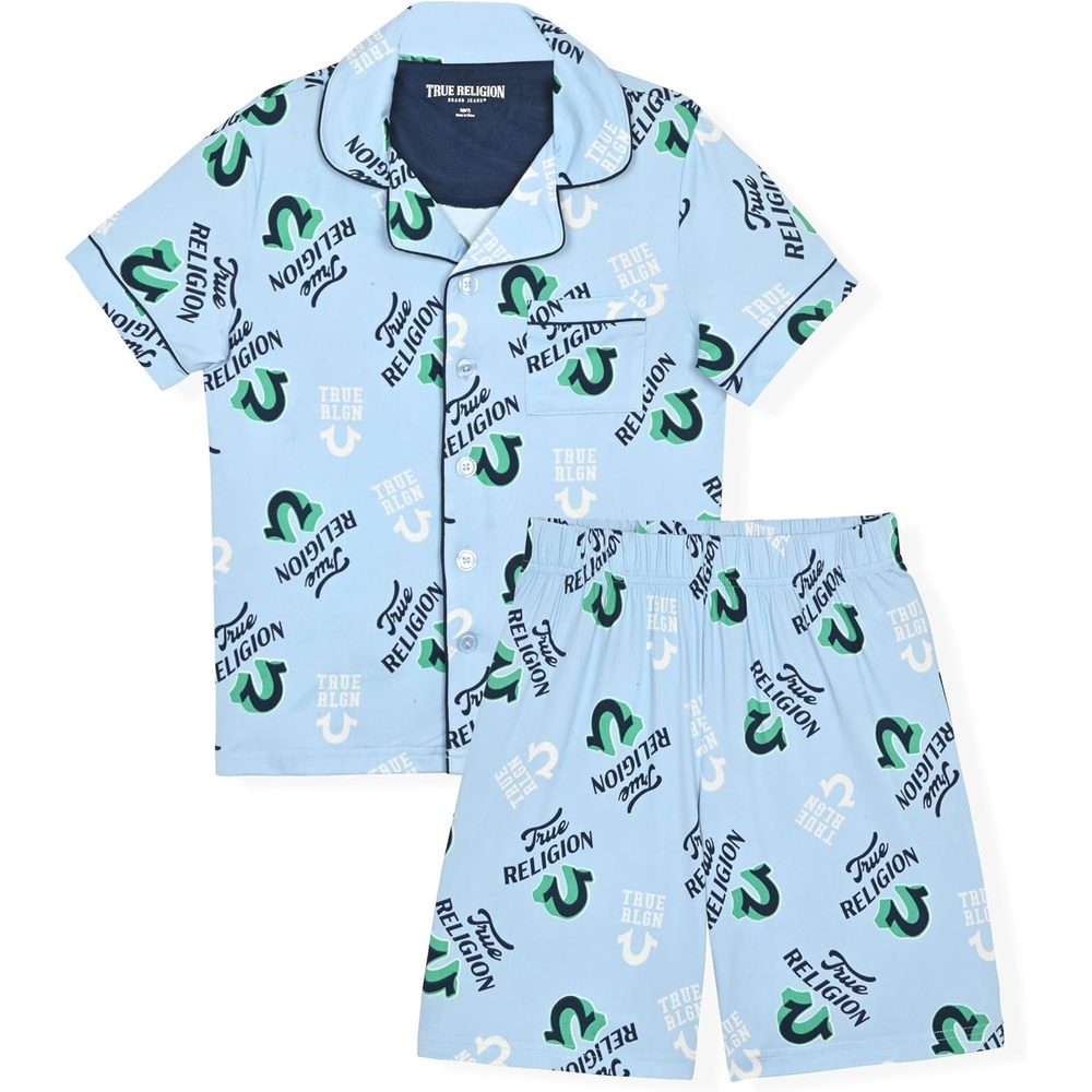 image:imageTrue Religion Boys Pajama Short Sets for Kids Button Front Short Sleeve Shirt and Sleepwear Shorts in Sizes 3T to 14Bluegreen