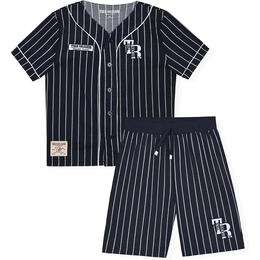 image:imageTrue Religion Boys Pajama Short Sets for Kids Button Front Short Sleeve Shirt and Sleepwear Shorts in Sizes 3T to 14Navy Stripe