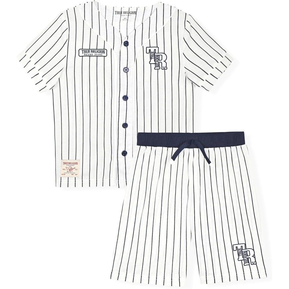 image:imageTrue Religion Boys Pajama Short Sets for Kids Button Front Short Sleeve Shirt and Sleepwear Shorts in Sizes 3T to 14White Stripe
