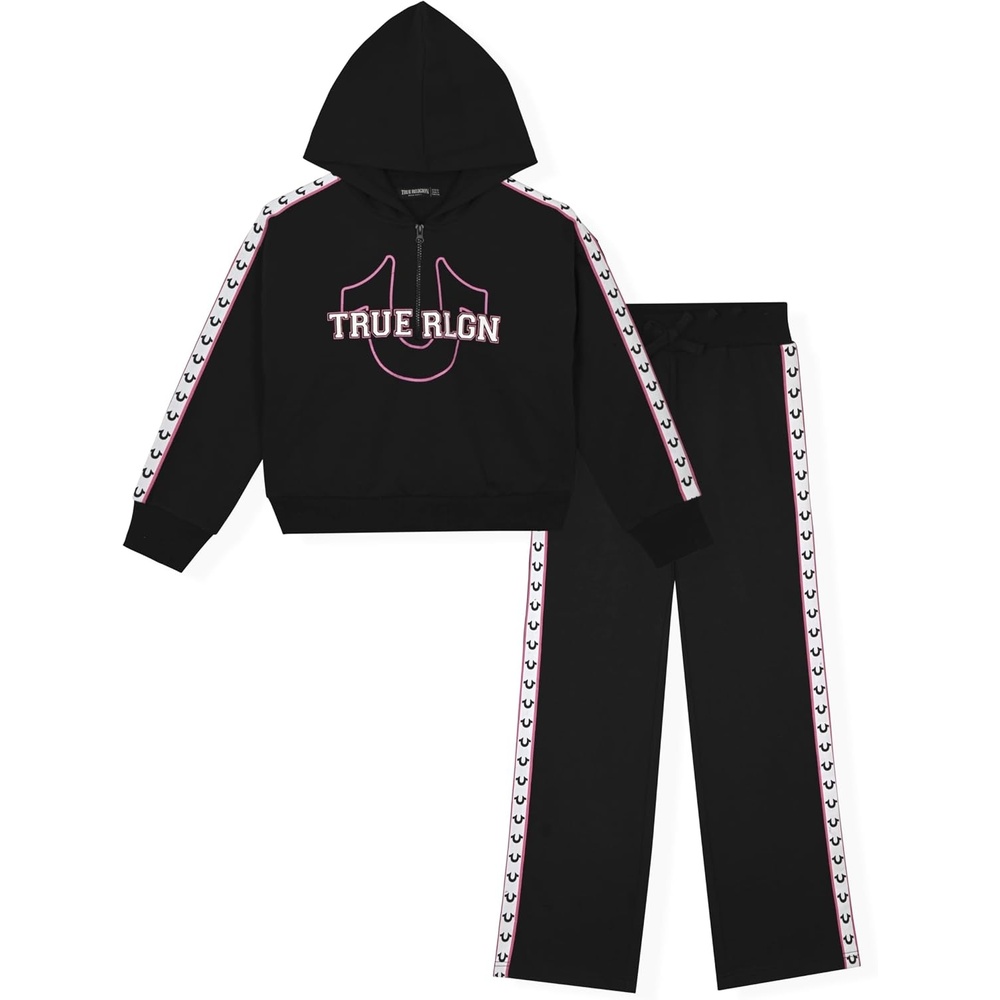 image:imageTrue Religion Girls 2 Piece Fleece Hooded Jogger Set  ZipFront Hoodie amp Sweatpants OutfitBlack Taping