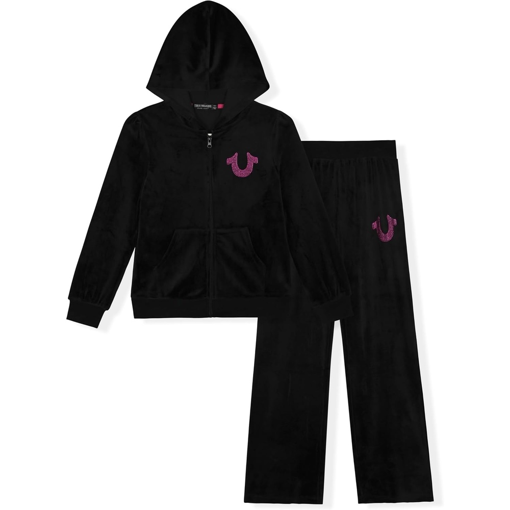 image:imageTrue Religion Girls Hoodie and Sweatpant Set Velour Jogger Sets for Girl Fashion ClothingBlack