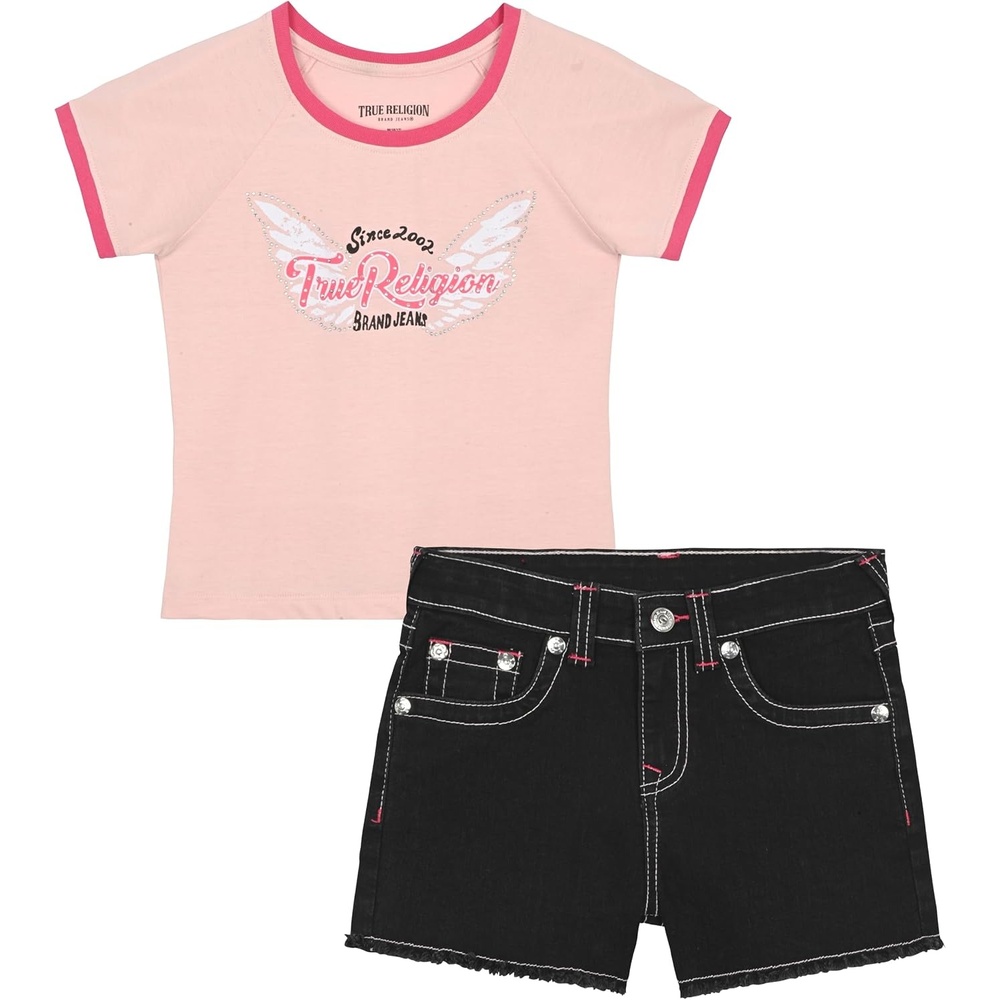 image:imageTrue Religion Girls Jeans Shorts Set Girls Denim Short and Fashion Tee Shirt Clothing Set for KidsChalk Pink
