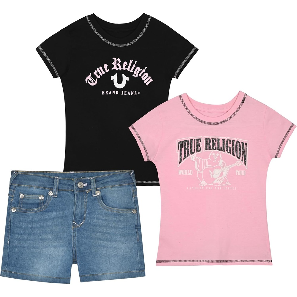 image:imageTrue Religion Girls Jeans Shorts Set Girls Denim Short and Fashion Tee Shirt Clothing Set for KidsFairy Tale Pink