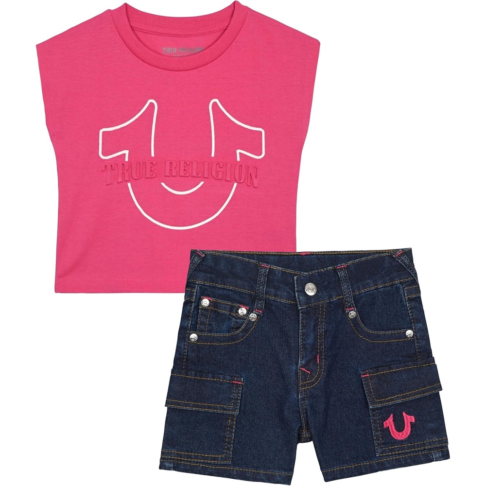 image:imageTrue Religion Girls Jeans Shorts Set Girls Denim Short and Fashion Tee Shirt Clothing Set for KidsMagentadark Wash