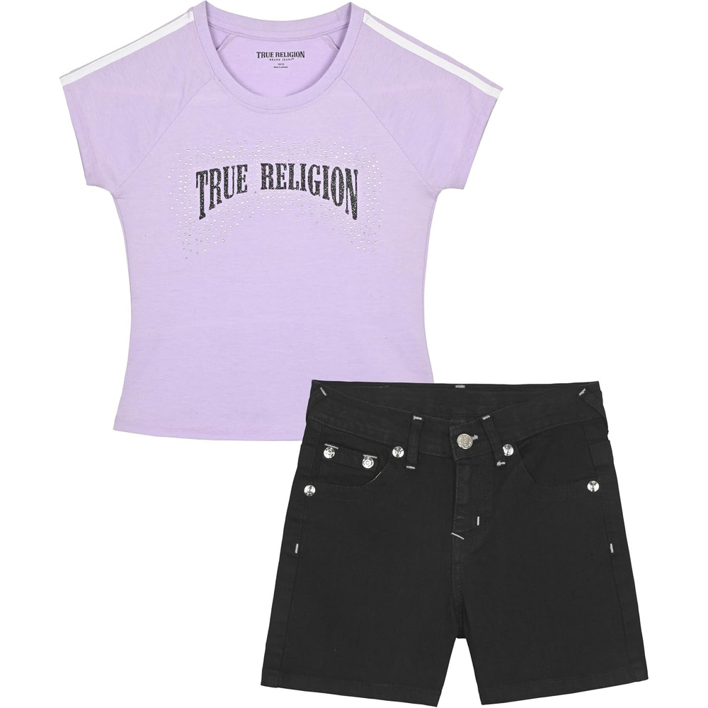 image:imageTrue Religion Girls Jeans Shorts Set Girls Denim Short and Fashion Tee Shirt Clothing Set for KidsOrchid Lilac