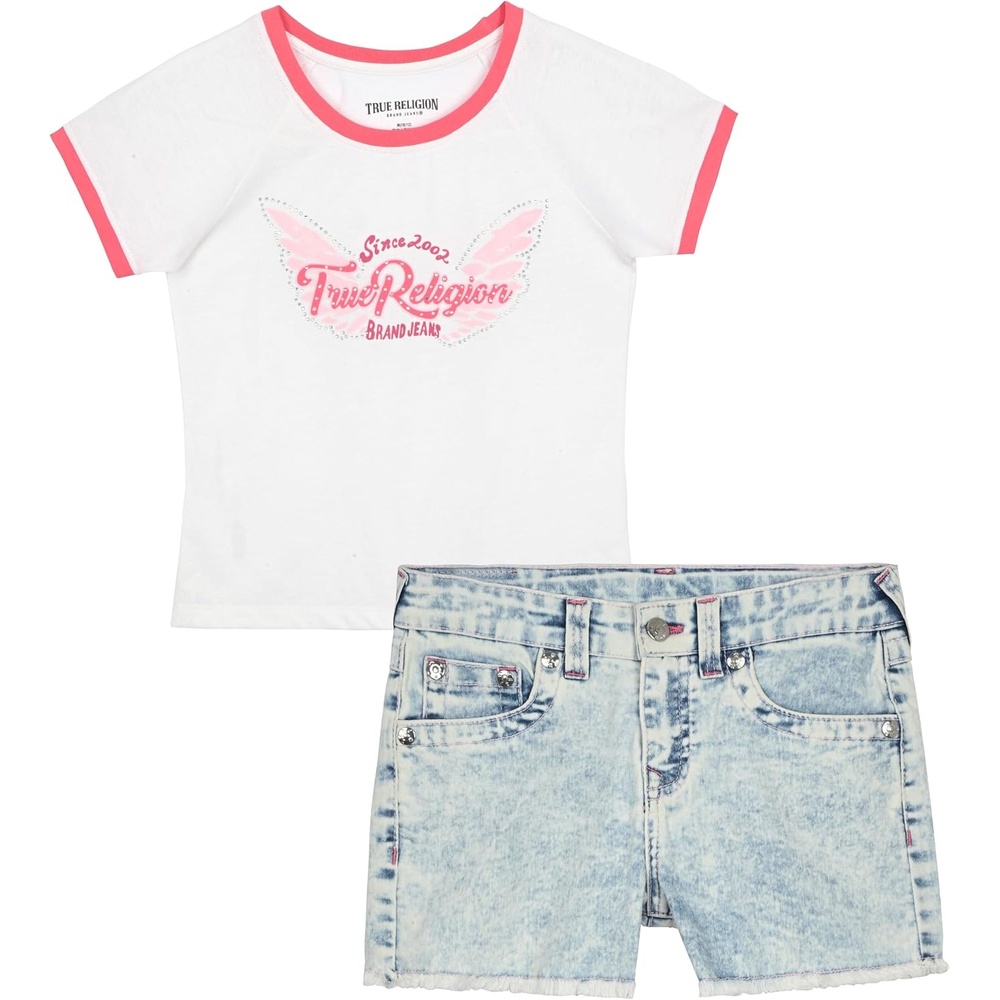 image:imageTrue Religion Girls Jeans Shorts Set Girls Denim Short and Fashion Tee Shirt Clothing Set for KidsWhiteblue Wash