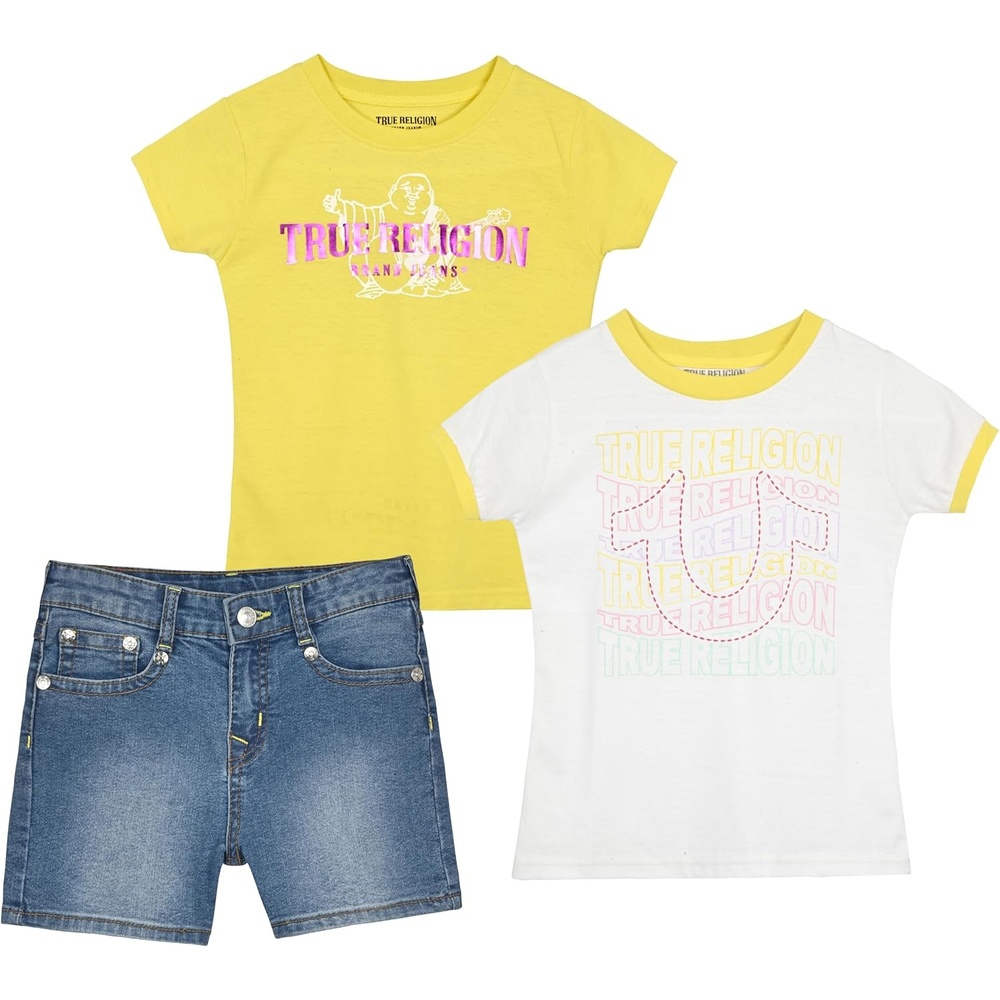 image:imageTrue Religion Girls Jeans Shorts Set Girls Denim Short and Fashion Tee Shirt Clothing Set for KidsYellowdark Wash