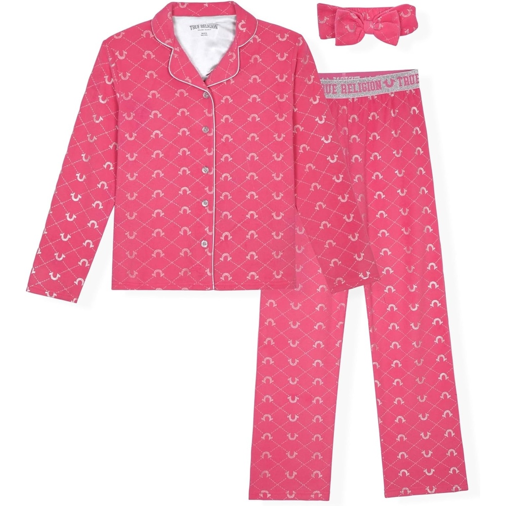 image:imageTrue Religion Girls Pajama Set 3Piece ButtonFront Top Sleep Pants and HeadbandHot Pink Fleece
