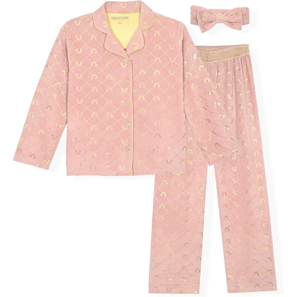 image:imageTrue Religion Girls Pajama Set 3Piece ButtonFront Top Sleep Pants and HeadbandMauve Gold Velour