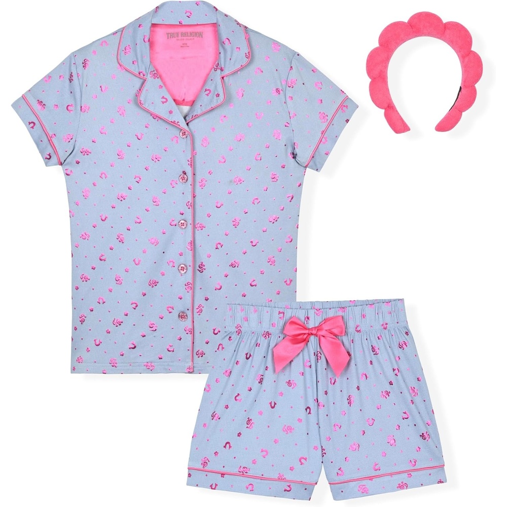 image:imageTrue Religion Girls Pajama Short Sets for Kids Button Front Short Sleeve Shirt and Sleepwear Shorts in Sizes 3T to 16Blue