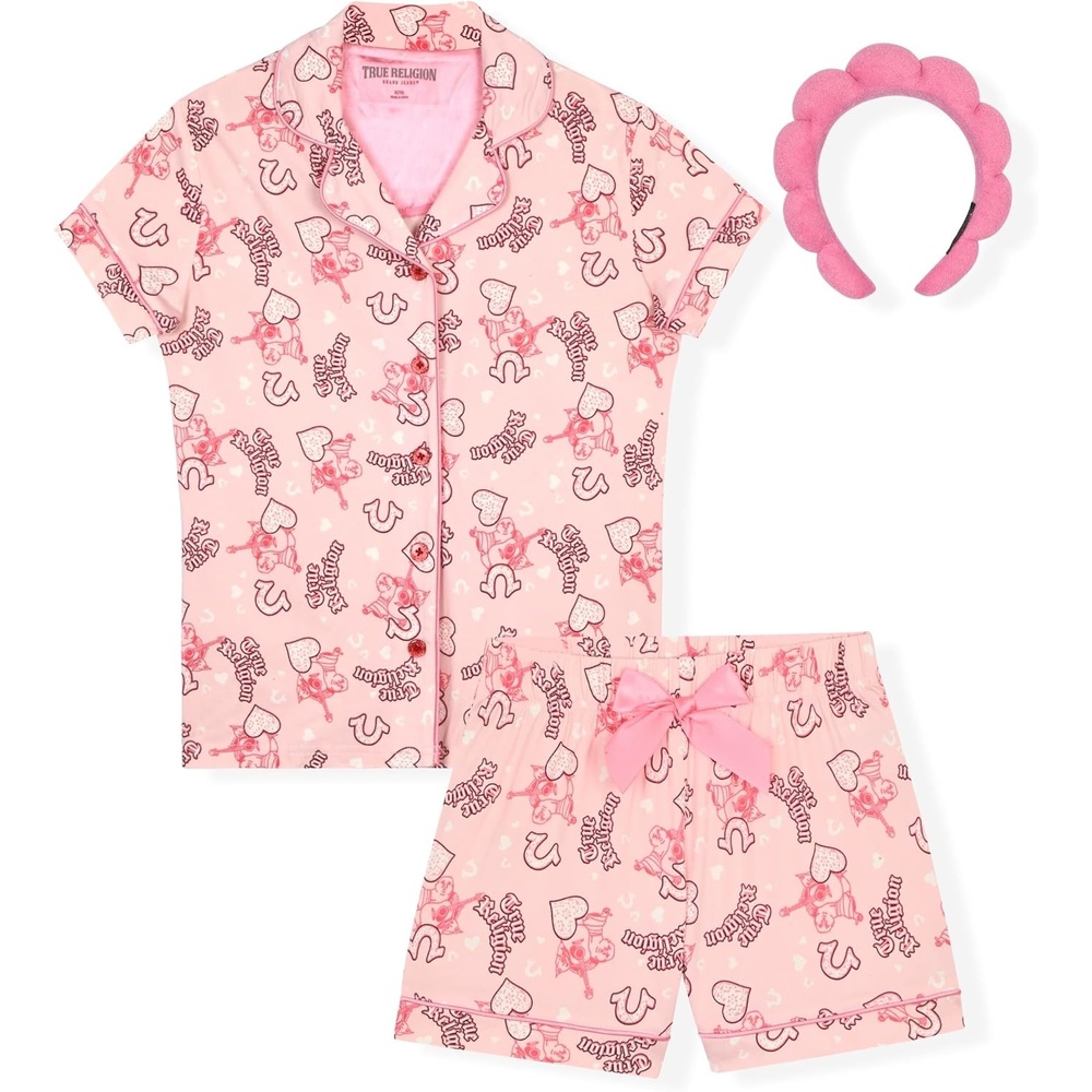 image:imageTrue Religion Girls Pajama Short Sets for Kids Button Front Short Sleeve Shirt and Sleepwear Shorts in Sizes 3T to 16Light Pink