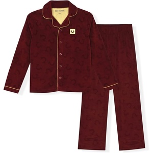 True Religion Boys 2 Piece Pajamas Set with Button Front Top & Pajama Pants for Kids (Sizes 4–14)(Red Velour)