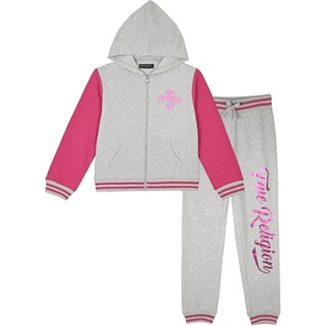 True Religion Girls 2 Piece Fleece Hooded Jogger Set – Zip-Front Hoodie & Sweatpants Outfit(Grey Varsity)