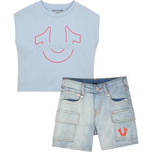 True Religion Girls Jeans Shorts Set Girls Denim Short and Fashion Tee Shirt Clothing Set for Kids(Cashmere Blue)