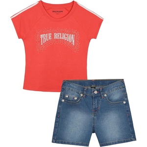 True Religion Girls Jeans Shorts Set Girls Denim Short and Fashion Tee Shirt Clothing Set for Kids(Cayenne Red)