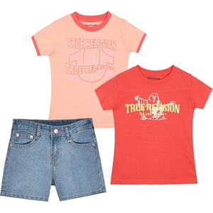 True Religion Girls Jeans Shorts Set Girls Denim Short and Fashion Tee Shirt Clothing Set for Kids(Cayenne-light Wash)