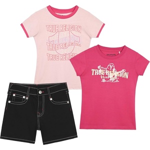 True Religion Girls Jeans Shorts Set Girls Denim Short and Fashion Tee Shirt Clothing Set for Kids(Magenta-pink)