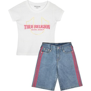 True Religion Girls Jeans Shorts Set Girls Denim Short and Fashion Tee Shirt Clothing Set for Kids(White-light Wash)