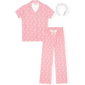 True Religion Girls Pajama Pants Sets for Kids Button Front Short Sleeve Shirt and Pajama Pants Sizes 3T to 16(Pink Stripe)