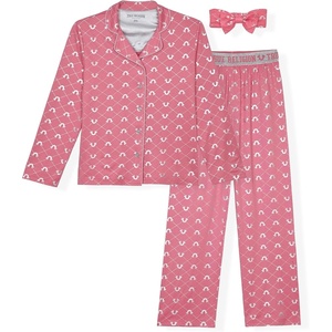 True Religion Girls Pajama Set 3-Piece Button-Front Top Sleep Pants and Headband(Candy Pink)