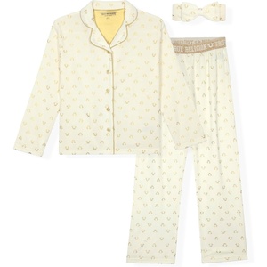 True Religion Girls Pajama Set 3-Piece Button-Front Top Sleep Pants and Headband(Ivory Gold Fleece)