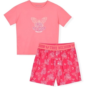 True Religion Girls Pajama Short Sets for Kids Button Front Short Sleeve Shirt and Sleepwear Shorts in Sizes 3T to 16(Coral)