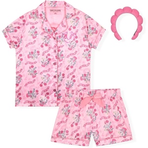 True Religion Girls Pajama Short Sets for Kids Button Front Short Sleeve Shirt and Sleepwear Shorts in Sizes 3T to 16(Pink Cherries)