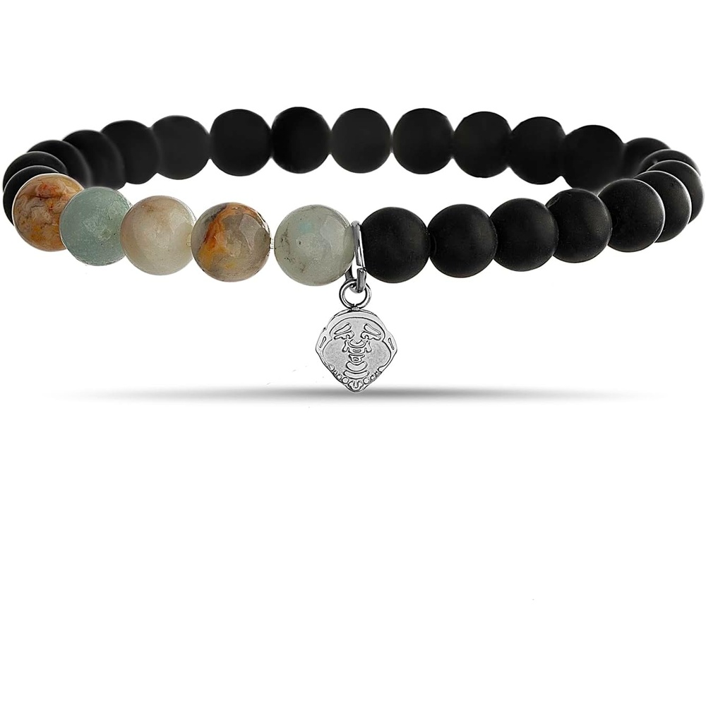 image:imageTrue Religion 8mm Black Bead 8 Inch Long Stretch Charm Bracelet for Men Stainless Steel