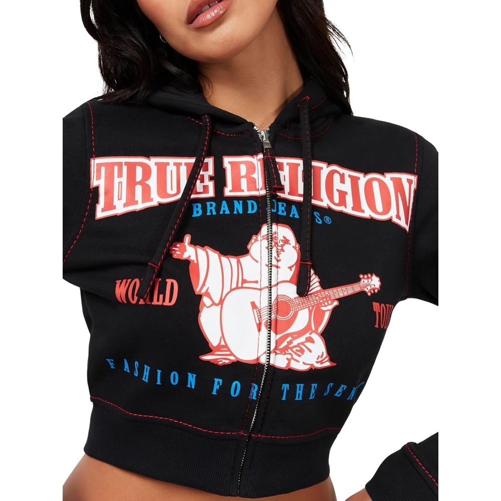 image:imageTrue Religion Anniversary Big T Shrunken Zip Hoodie for WomenJet Black