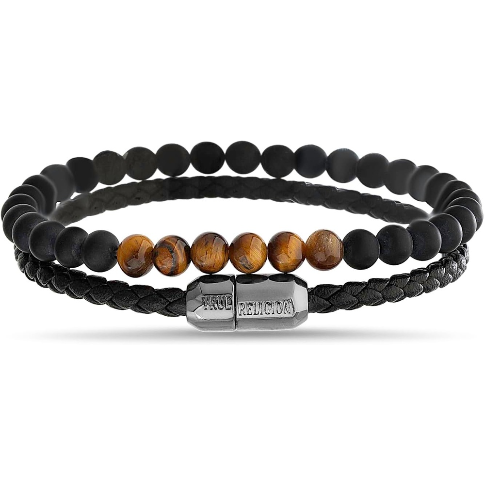 image:imageTrue Religion Beaded Simulated Black Leather 85 Inch Double Row Bracelet for MenBlack