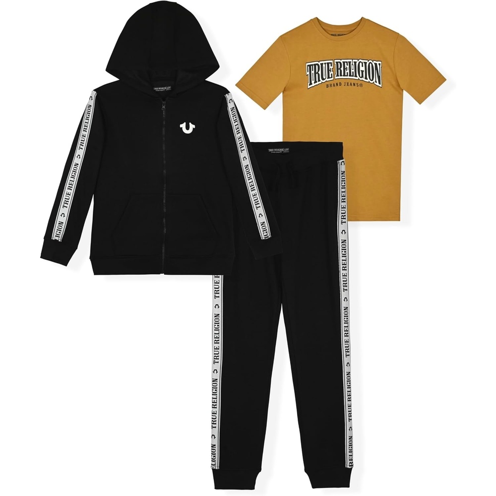image:imageTrue Religion Boys 3 Piece Fleece Jogger Sets  Complete Hoodie Tee amp Sweatpants Outfit for Everyday StyleBlackmustard
