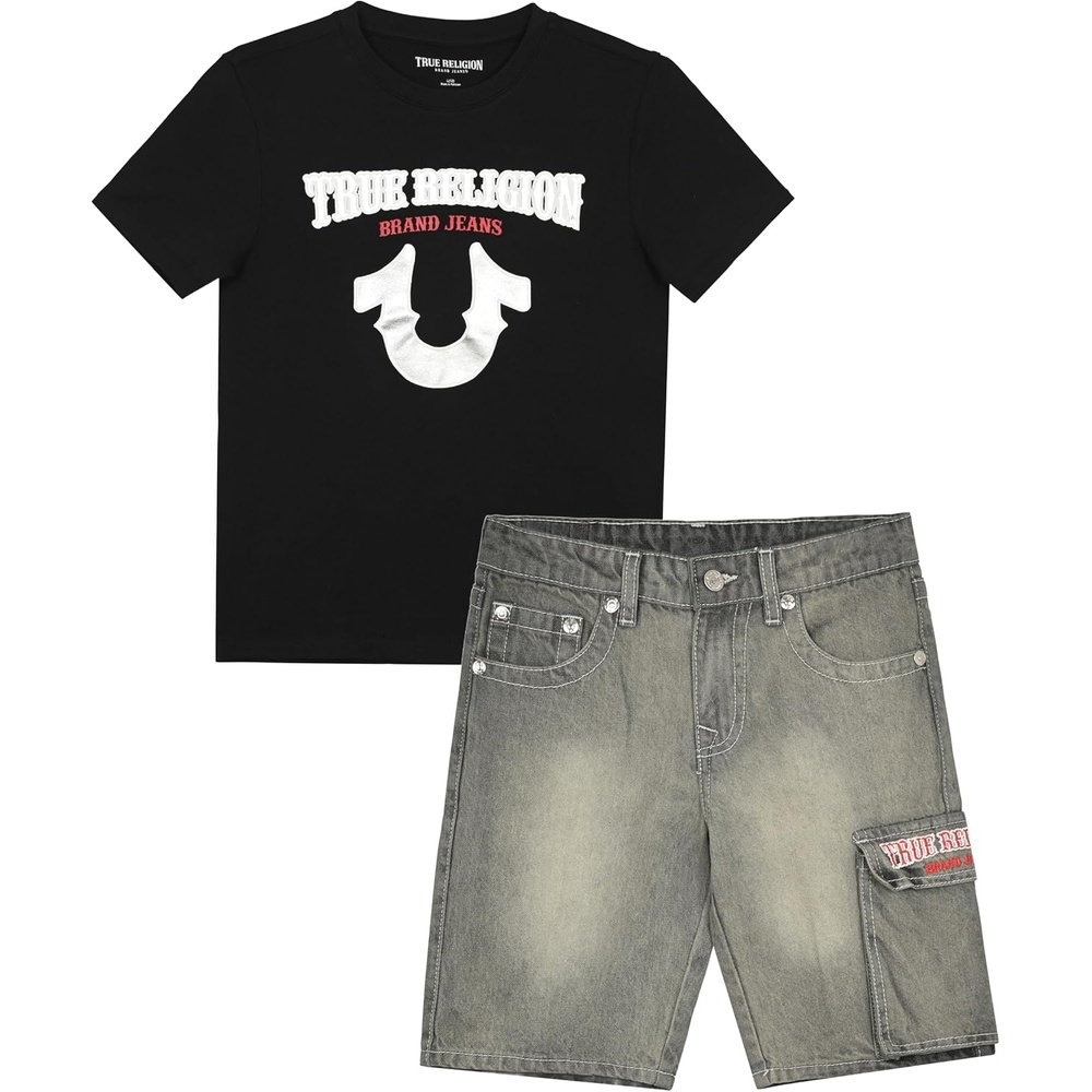 image:imageTrue Religion Boys Short Sets for Kids  Boys Jean Shorts and Tee Shirt Clothing SetBlackaged Grey