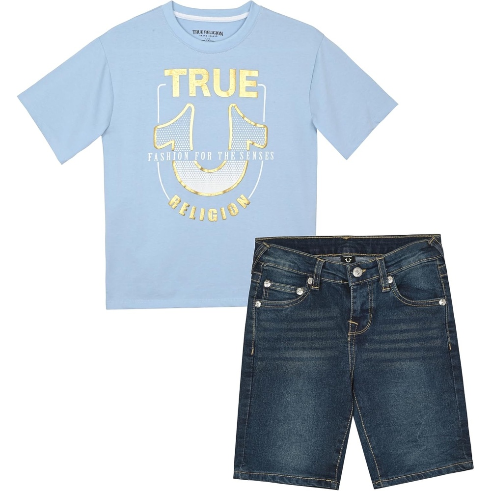 image:imageTrue Religion Boys Short Sets for Kids  Boys Jean Shorts and Tee Shirt Clothing SetCerulean