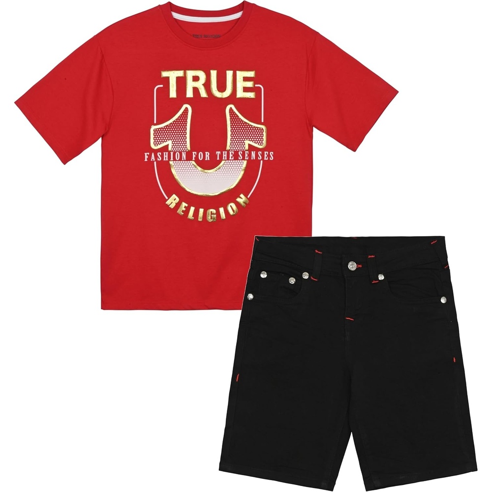 image:imageTrue Religion Boys Short Sets for Kids  Boys Jean Shorts and Tee Shirt Clothing SetHot Red