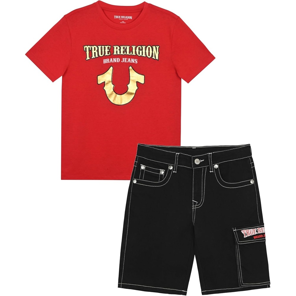 image:imageTrue Religion Boys Short Sets for Kids  Boys Jean Shorts and Tee Shirt Clothing SetHot Redblack
