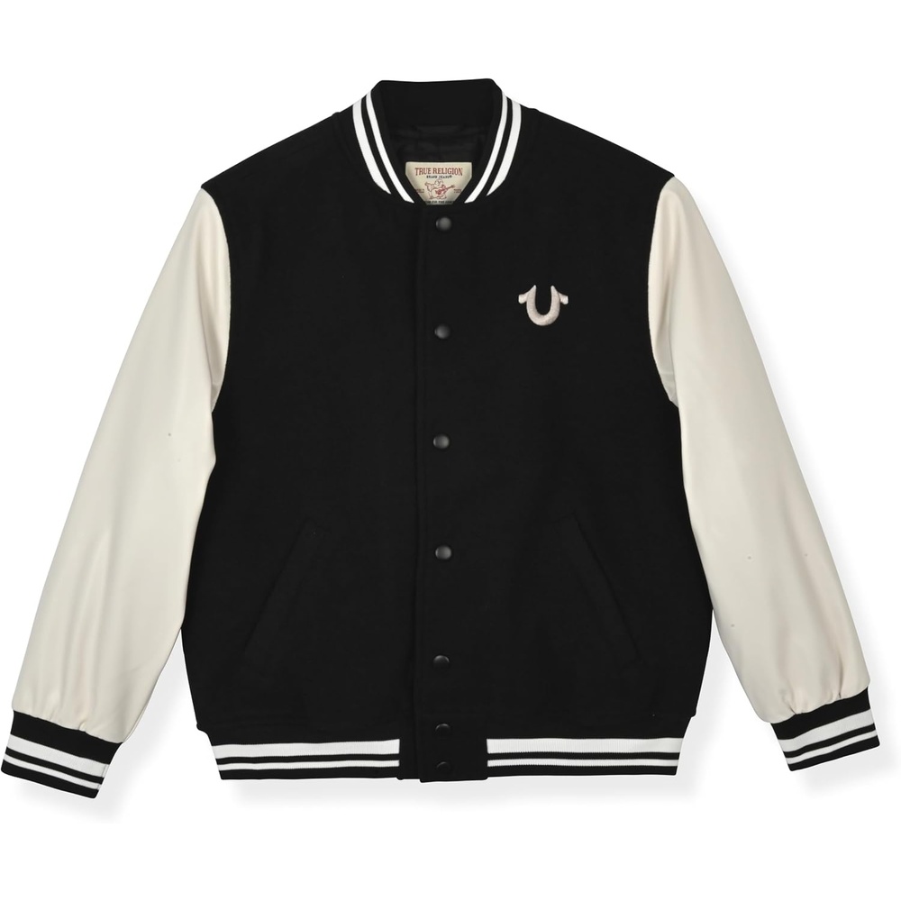 image:imageTrue Religion Boys Varsity Jacket  Stylish Button Front Jacket with Faux Leather SleevesBlack
