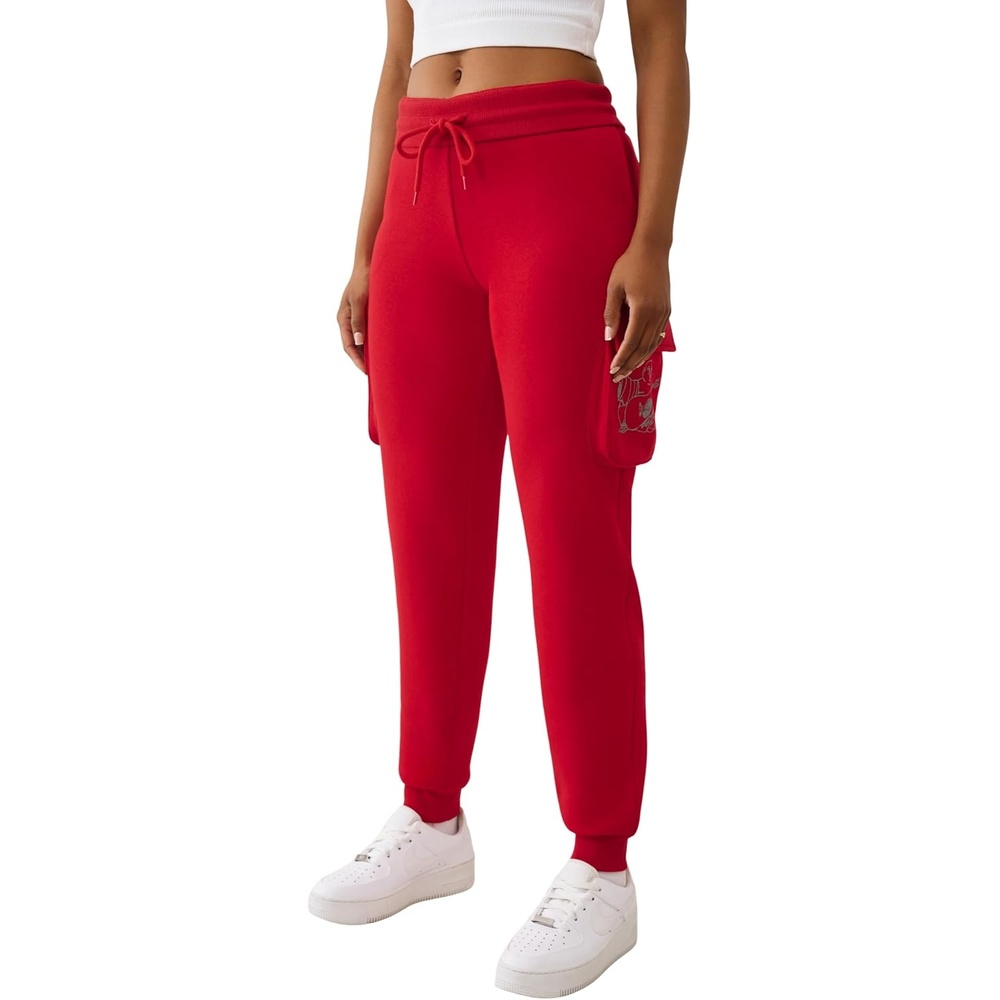 image:imageTrue Religion Buddha Fold Over Cargo Joggers for Women  Fleece Lined Cozy Streetwear SweatpantsTrv Red