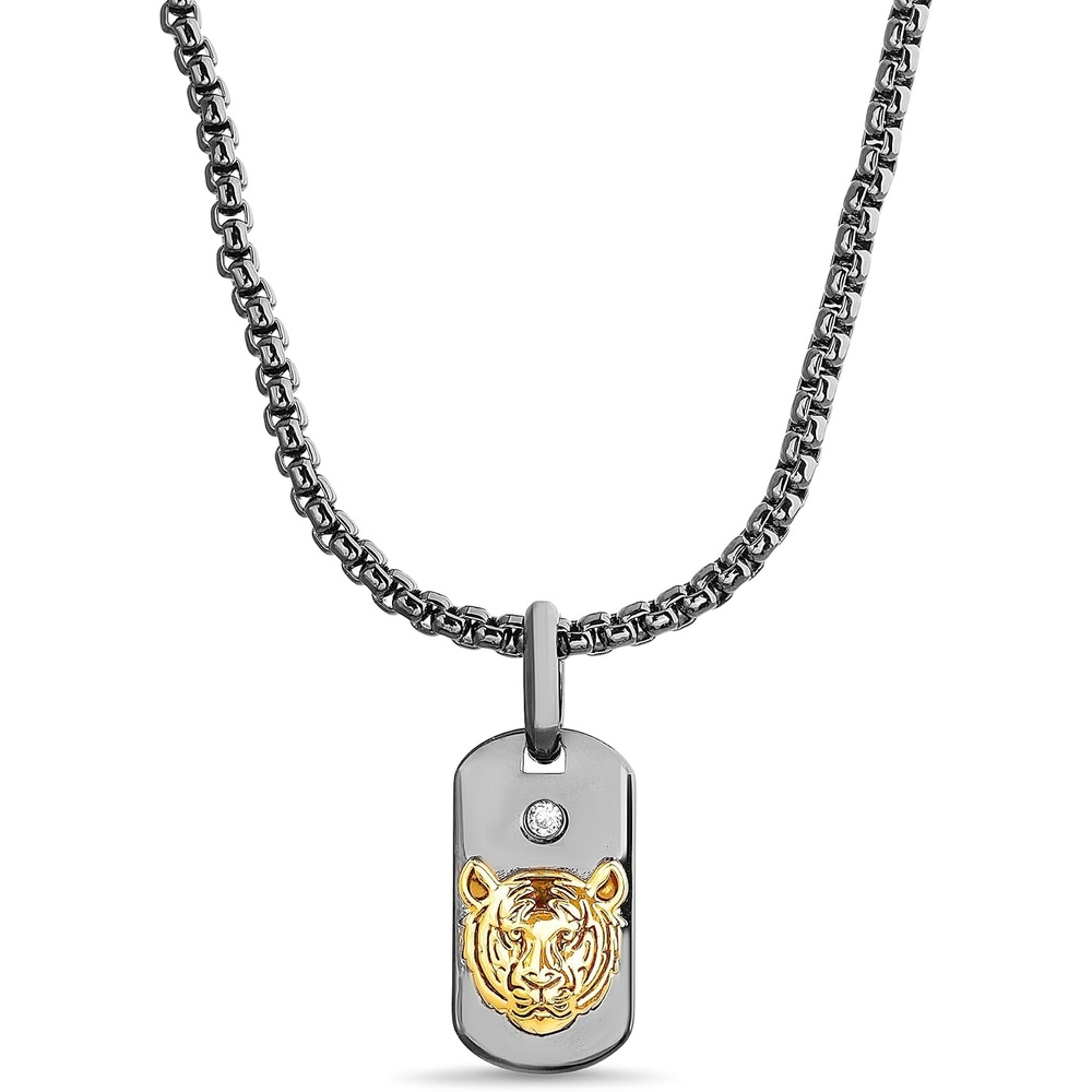 image:imageTrue Religion Cubic Zirconia Tiger Head Dog Tag Pendant 22 Inch Long Thick Box Chain Necklace for Men Black Rhodium Plated Brass
