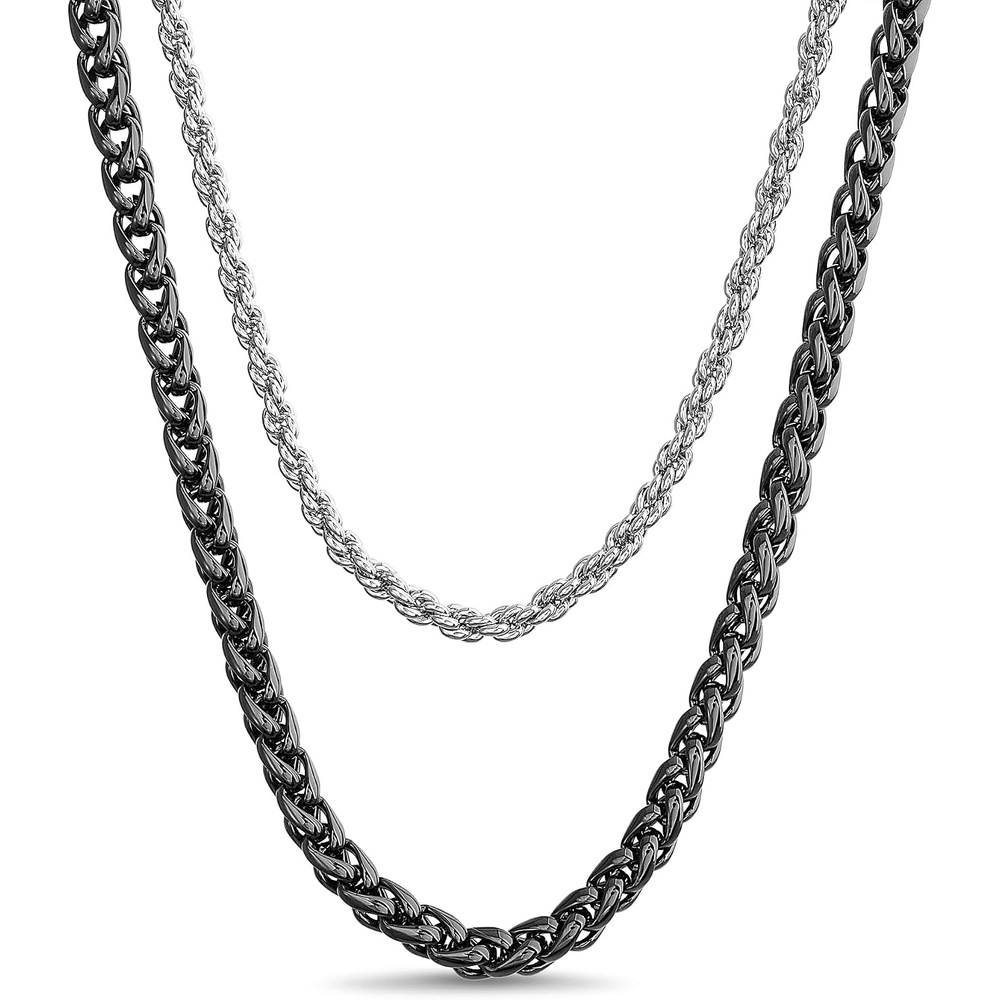image:imageTrue Religion Double Row Wheat Rope Chain Necklace for Men Black Rhodium Plated Brass