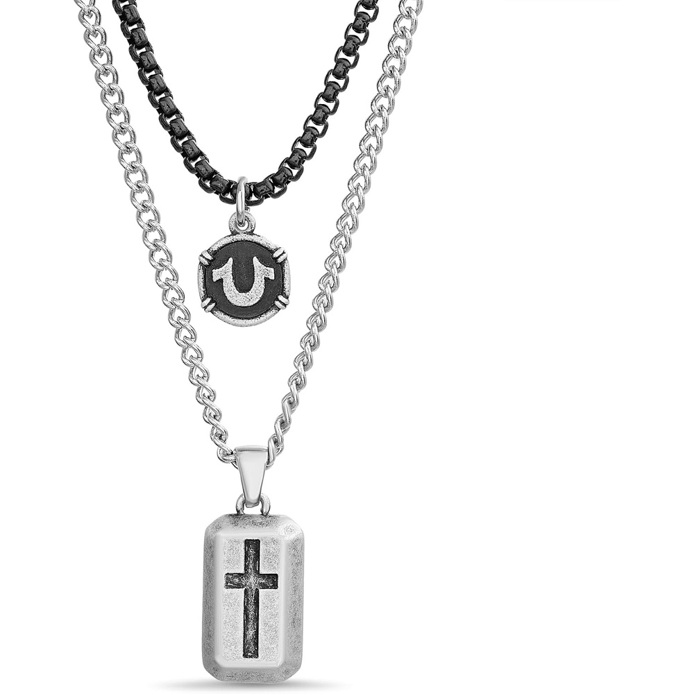 image:imageTrue Religion Horseshoe Black Cross Dog Tag Pendant 22 Inch Long Chain Necklace for Men Stainless Steel