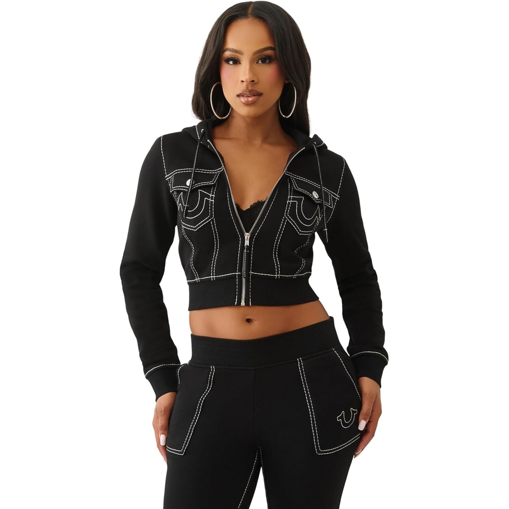 image:imageTrue Religion Shrunken Womens Cropped Zip Up Hoodie  Big T Stitching amp Iconic Horseshoe LogoJet Black