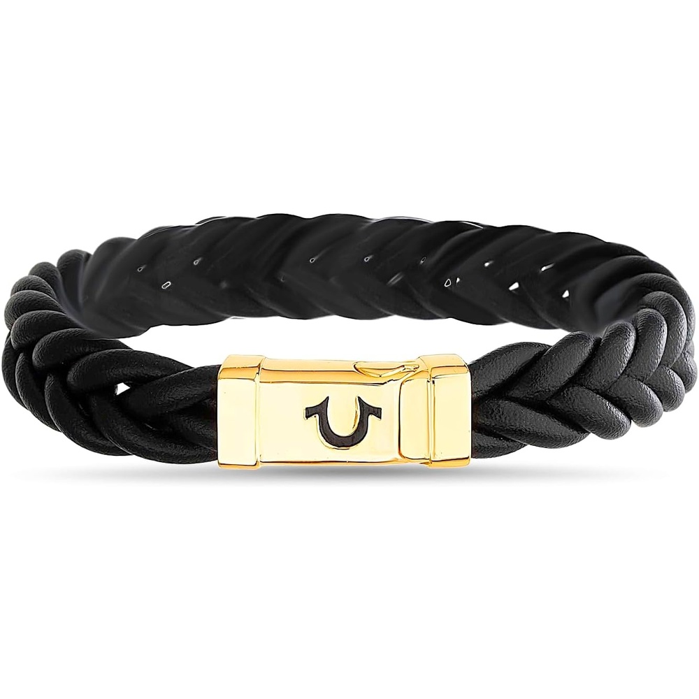 image:imageTrue Religion Simulated Black Leather Horseshoe 12mm Thick Braded ID Style 9 Inch Long Bracelet for Men 14K Yellow Gold Plated Brass