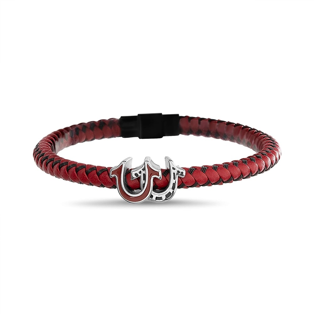 image:imageTrue Religion Simulated Red Leather Double Horseshoe 9 Inch Long Bracelet for Men Stainless Steel