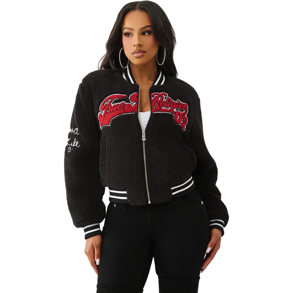 image:imageTrue Religion Varsity Chenille Bomber Womens Jacket  Winter Coat for Women with Bold Patches amp Snap ButtonsJet Black
