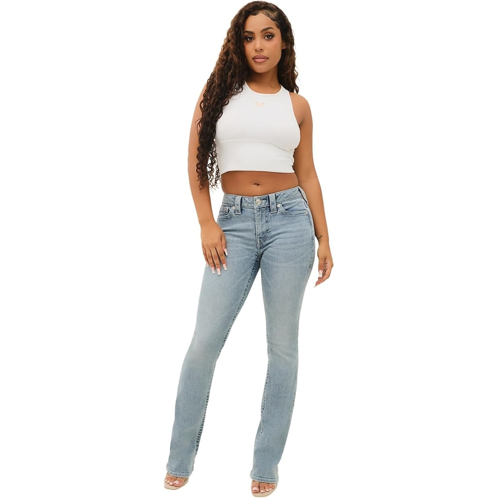 image:imageTrue Religion Womens Becca Crystal Flap Mid Rise Bootcut Jean  Womens Jeans Bootcut Jeans for Women Stretch DenimPeak Spot