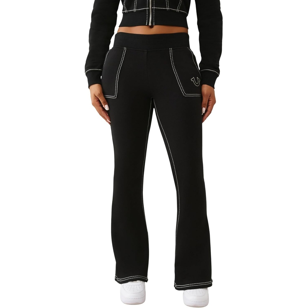 image:imageTrue Religion Womens Big T Flare Pants  Wide Leg Sweatpants with SignStitching amp PullOn FitJet Black