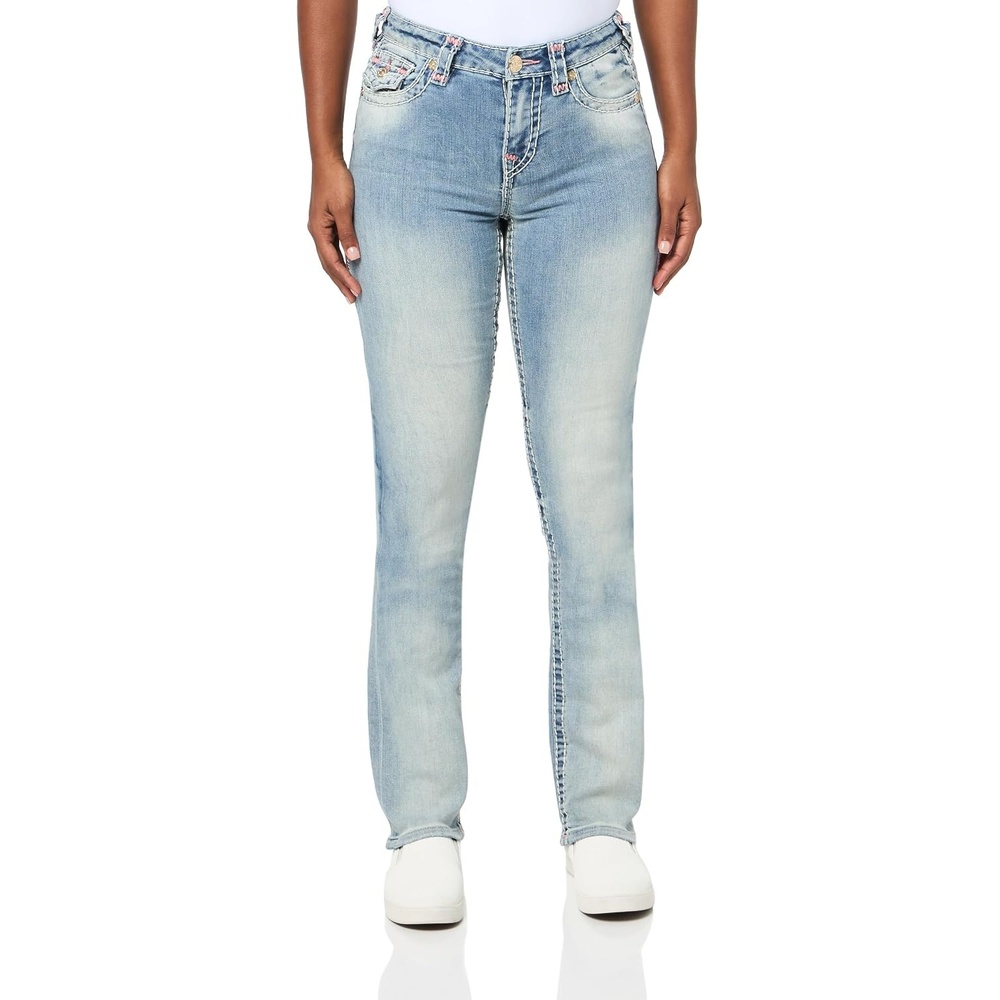 image:imageTrue Religion Womens Billie Mid Rise Straight Jeans Flap Pockets StitchingSalt Water
